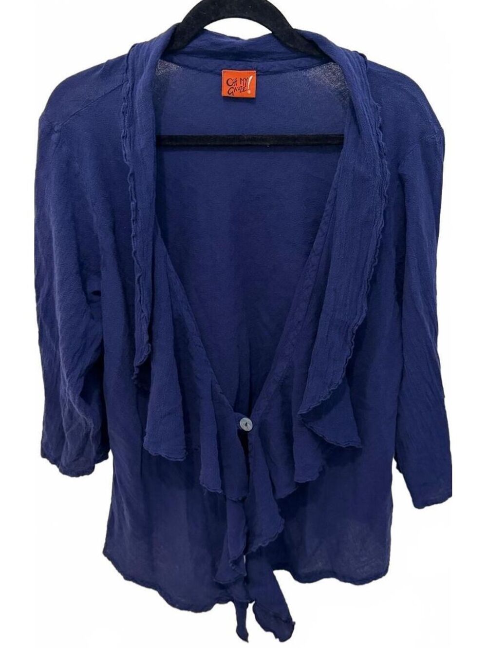OH MY GAUZE! Women's M Draped Ruffle Cardigan Topper 3/4 Sleeve Cotton Blue